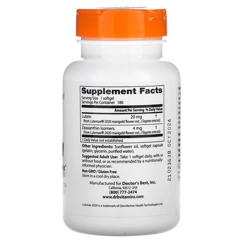 Image of Lutein with Lutemax (20mg) 180caps supplement facts